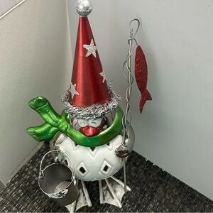 Pier 1 Penguin Fishing Tea Light Holder Holiday Metal Ceramic Decor